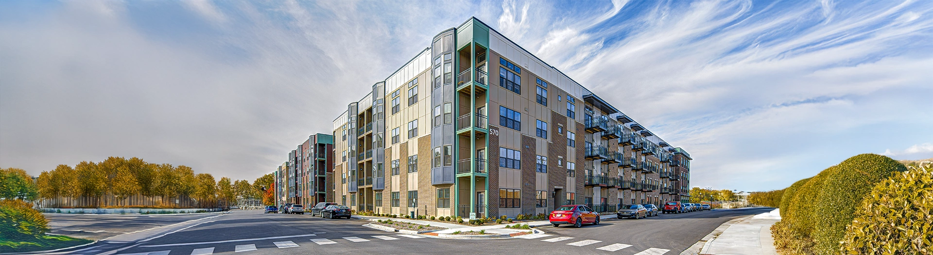 An exterior view of East Bank Apartments
