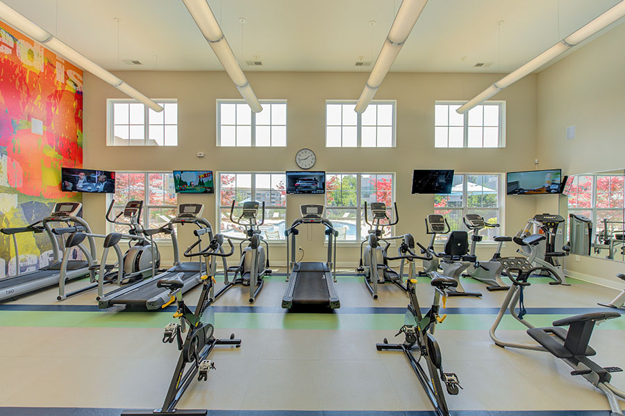 Having a roommate will help you feel more secure when venturing out to use fantastic amenities like this fitness center at Lakeside Apartments in Carmel. Well-lit fitness center with treadmills and stationary bikes