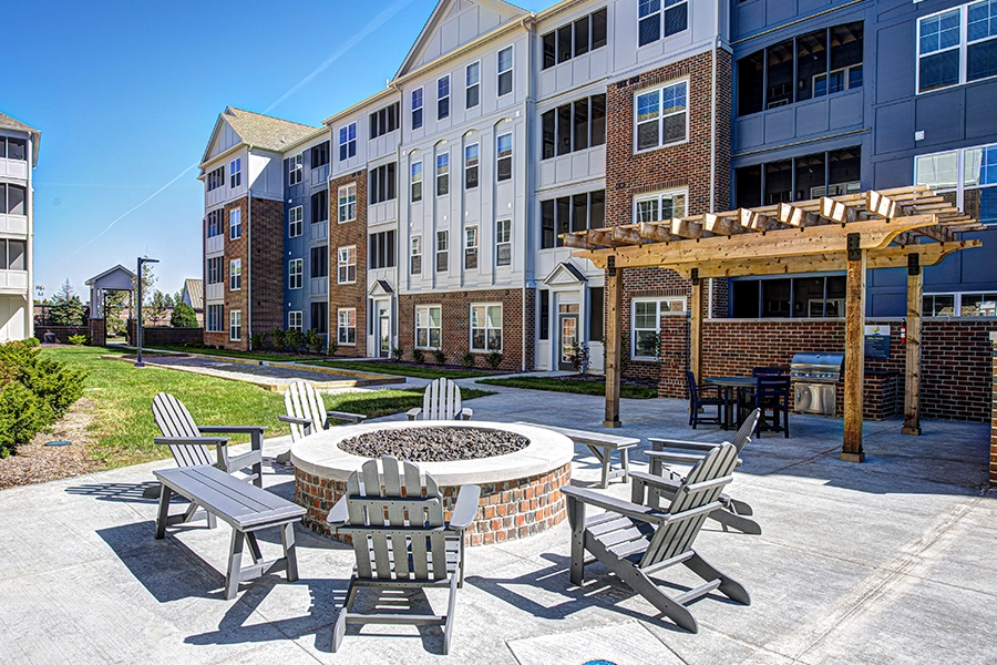 Community amenities like this fire pit at Lakeside Apartments in Carmel are great places to meet fellow Residents. Outdoor fire pit and seating at Lakeside Apartments in Carmel