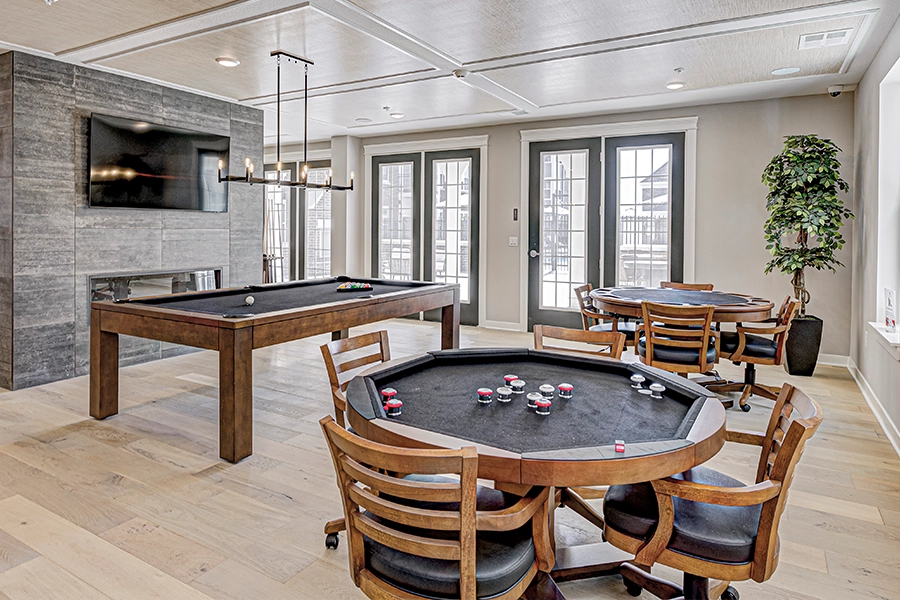 This community game room at Wheelhouse Apartments on the Monon in Westfield is a great place to relax and meet others. Community game room at Wheelhouse Apartments on the Monon in Westfield